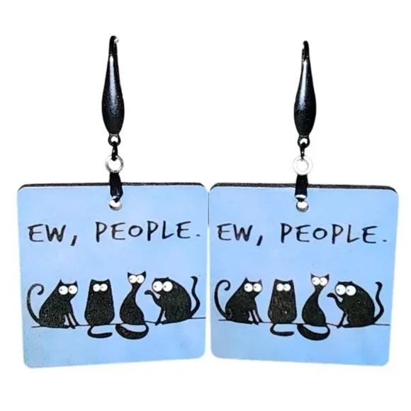 Women's Fashion Jewelry Ew, People Black Cat's Square Earrings Dangle Blue Black - Picture 1 of 4